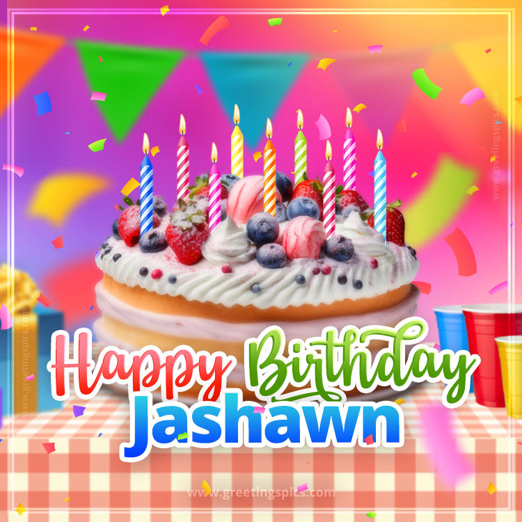 Happy Birthday Jashawn Colorful Image with fruit cake and candles (square shape image)