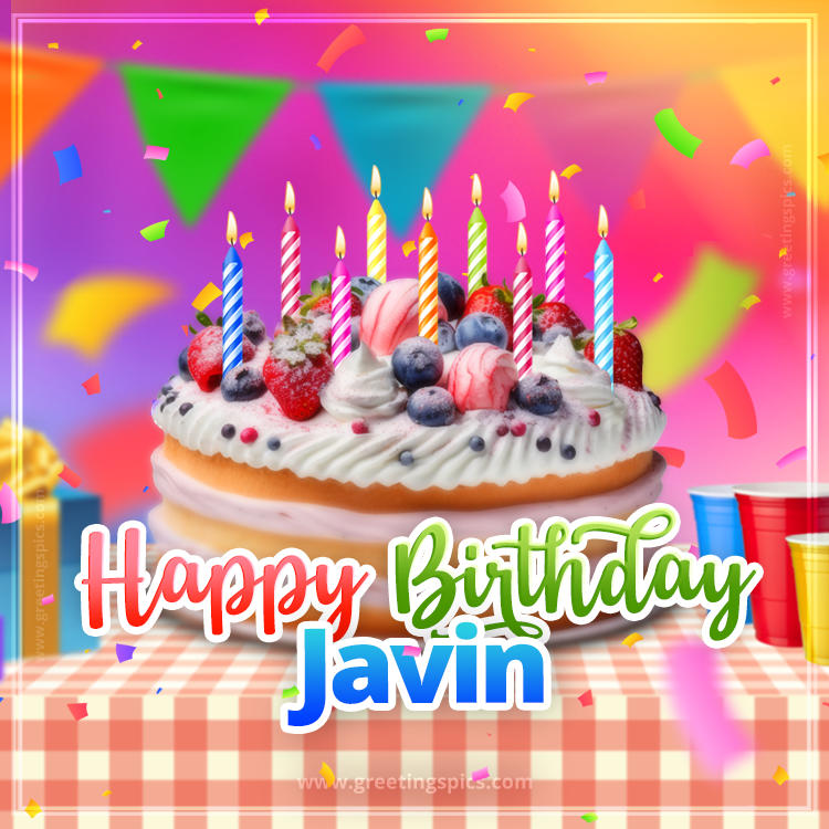 Happy Birthday Javin Colorful Image with fruit cake and candles (square shape image)