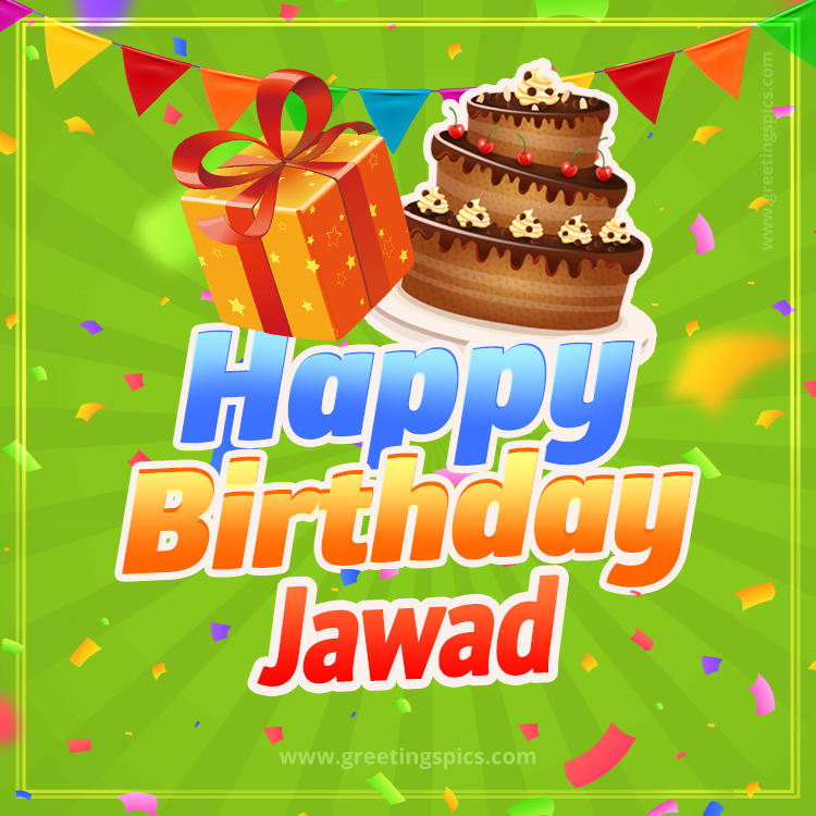 Happy Birthday Jawad picture with flags, chocolate cake and gift box (square shape image)
