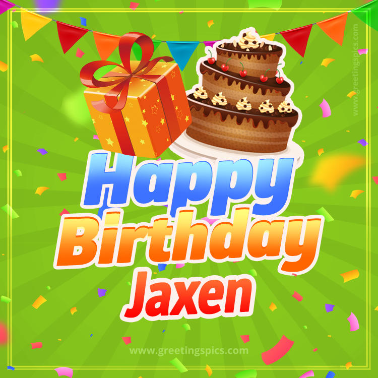 Happy Birthday Jaxen picture with flags, chocolate cake and gift box (square shape image)