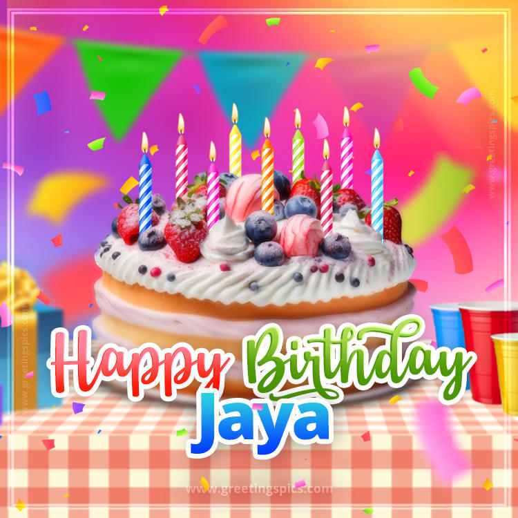 Happy Birthday Jaya Colorful Image with fruit cake and candles (square shape image)