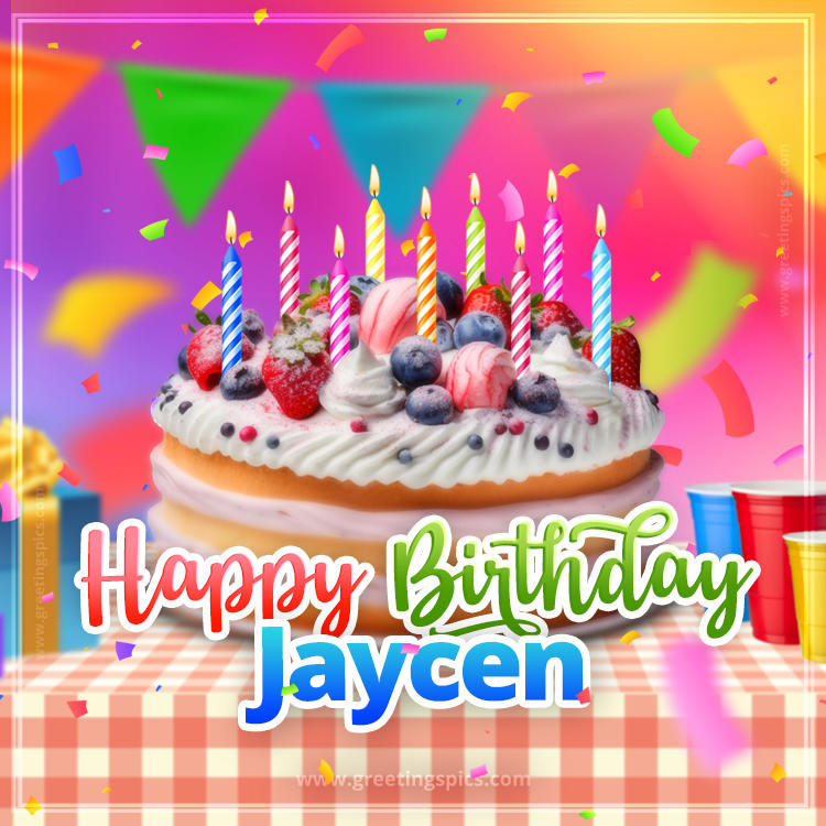 Happy Birthday Jaycen Colorful Image with fruit cake and candles (square shape image)