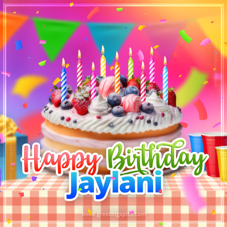 Happy Birthday Jaylani Colorful Image with fruit cake and candles (square shape image)