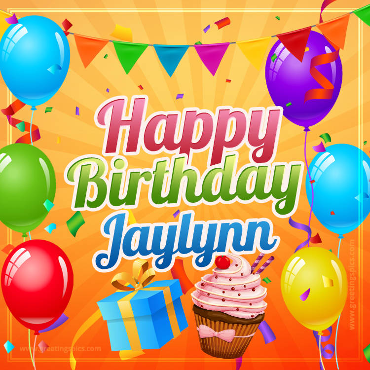 Happy Birthday Jaylynn eCard with gift box and cupcake (square shape image)