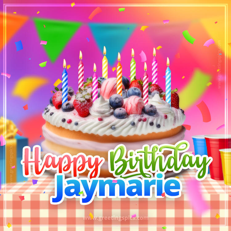 Happy Birthday Jaymarie Colorful Image with fruit cake and candles (square shape image)