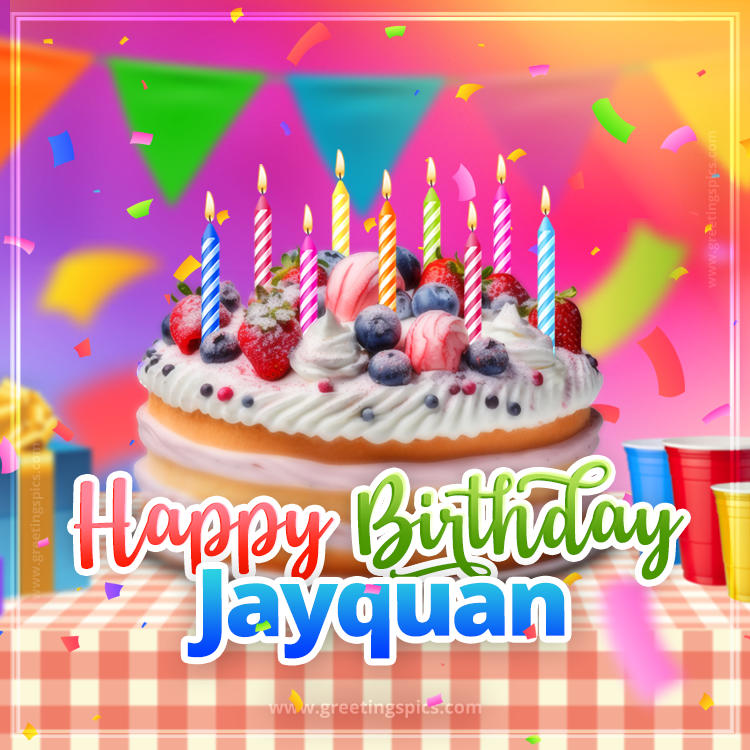 Happy Birthday Jayquan Colorful Image with fruit cake and candles (square shape image)