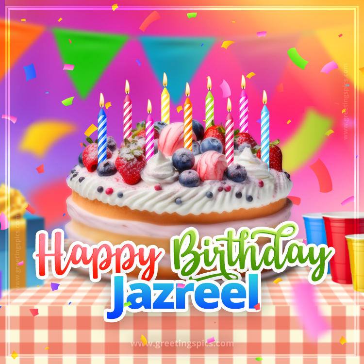 Happy Birthday Jazreel Colorful Image with fruit cake and candles (square shape image)