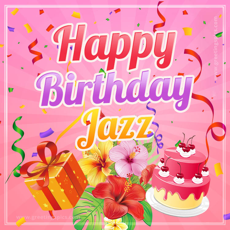 Beautiful Birthday Card for Jazz with Cake and bouquet of flowers (square shape image)
