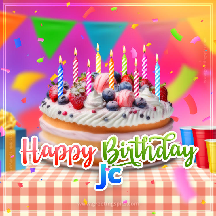 Happy Birthday Jc Colorful Image with fruit cake and candles (square shape image)