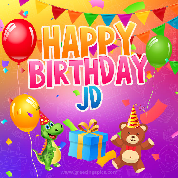 Happy Birthday Jd Image for a child with cute baby dinosaur and bear (square shape image)