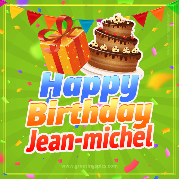 Happy Birthday Jean-michel picture with flags, chocolate cake and gift box (square shape image)