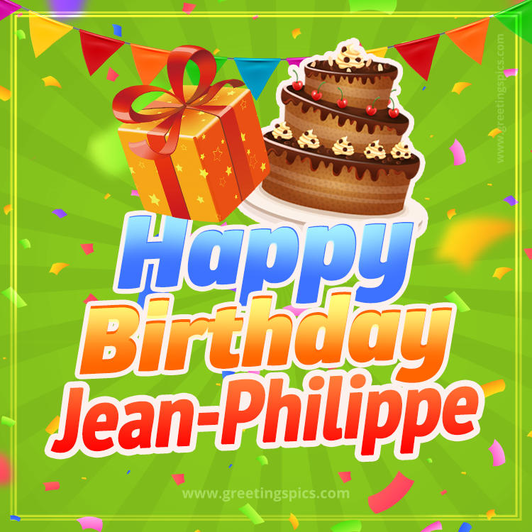 Happy Birthday Jean-Philippe picture with flags, chocolate cake and gift box (square shape image)