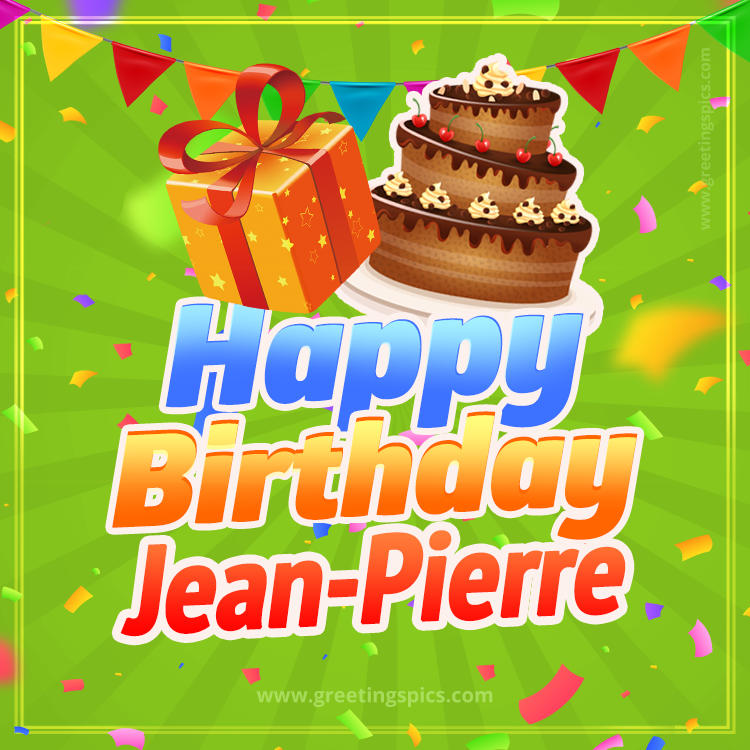 Happy Birthday Jean-Pierre picture with flags, chocolate cake and gift box (square shape image)