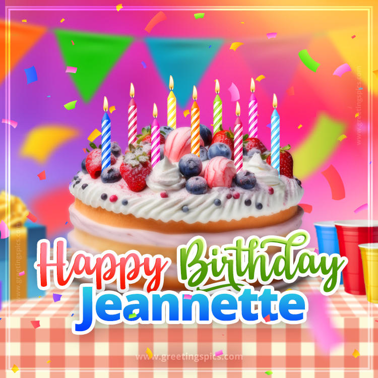 Happy Birthday Jeannette Colorful Image with fruit cake and candles (square shape image)