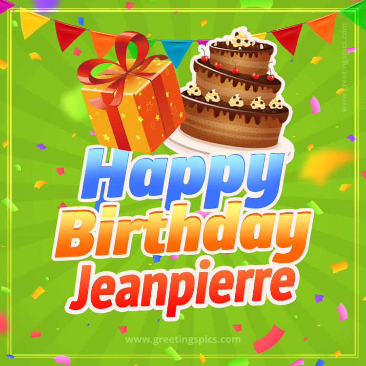 Happy Birthday Jeanpierre picture with flags, chocolate cake and gift box (square shape image)