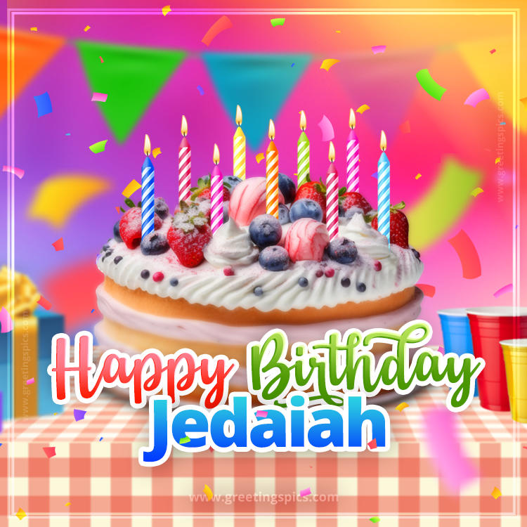 Happy Birthday Jedaiah Colorful Image with fruit cake and candles (square shape image)