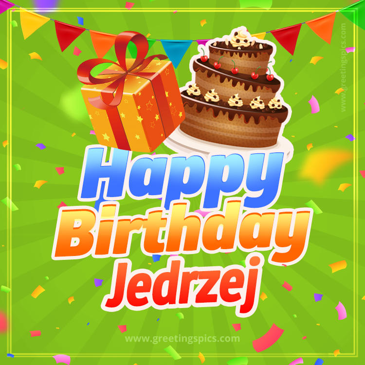 Happy Birthday Jedrzej picture with flags, chocolate cake and gift box (square shape image)