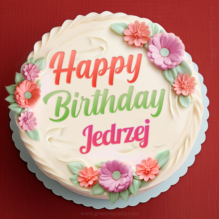 Happy Birthday Jedrzej Cake Image With Name (square shape image)