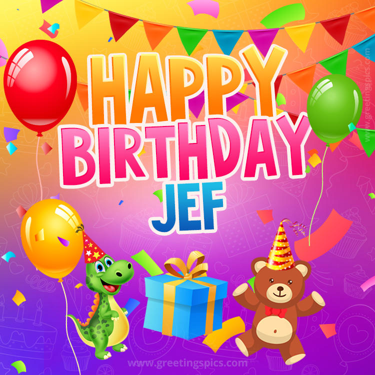 Happy Birthday Jef Image for a child with cute baby dinosaur and bear (square shape image)