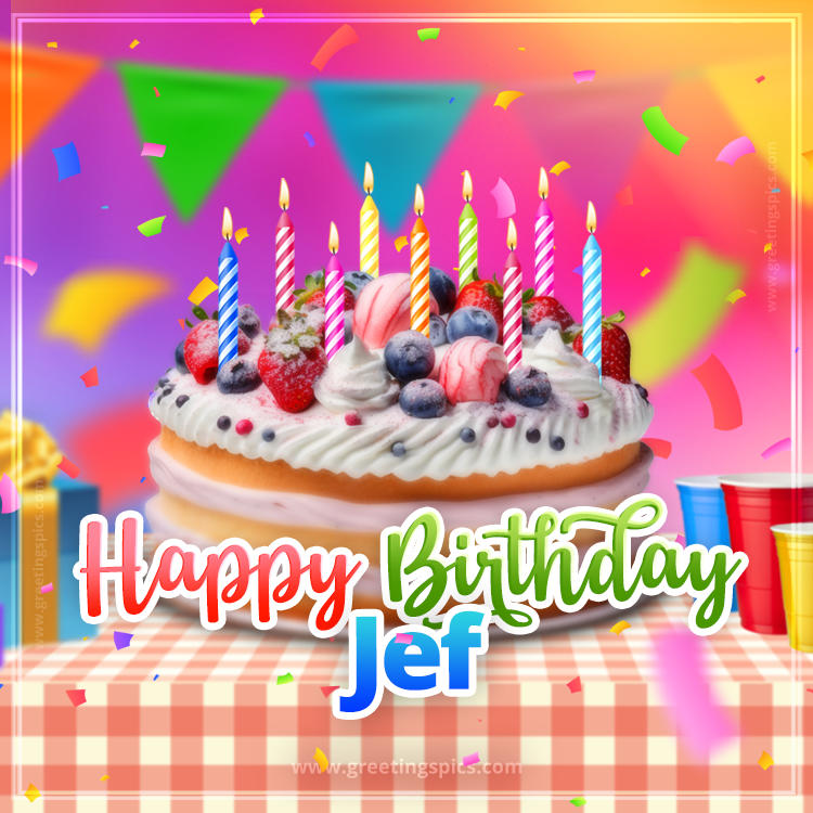 Happy Birthday Jef Colorful Image with fruit cake and candles (square shape image)