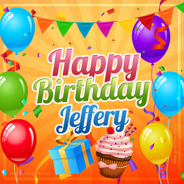 Happy Birthday Jeffery eCard with gift box and cupcake (square shape image)