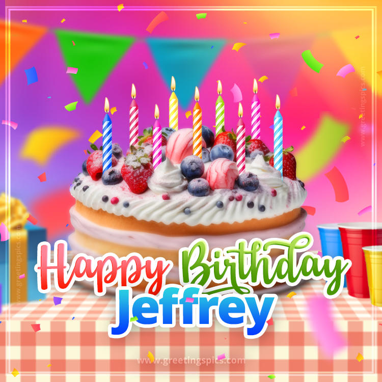 Happy Birthday Jeffrey Colorful Image with fruit cake and candles (square shape image)
