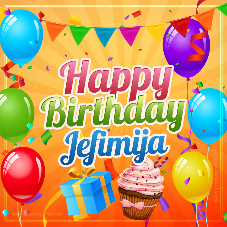 Happy Birthday Jefimija eCard with gift box and cupcake (square shape image)