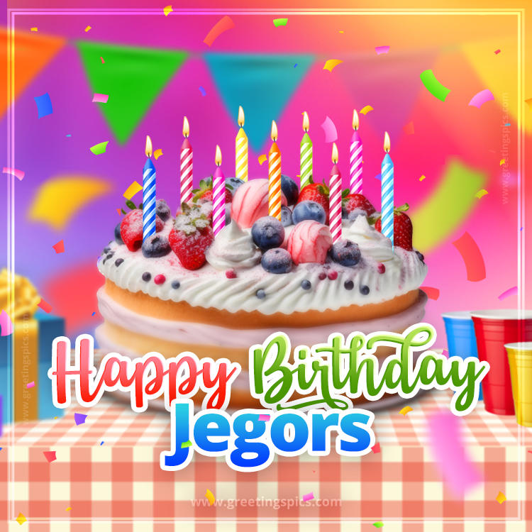 Happy Birthday Jegors Colorful Image with fruit cake and candles (square shape image)