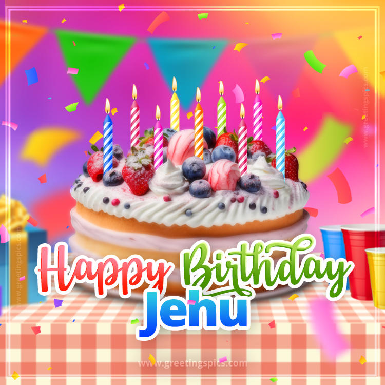 Happy Birthday Jehu Colorful Image with fruit cake and candles (square shape image)