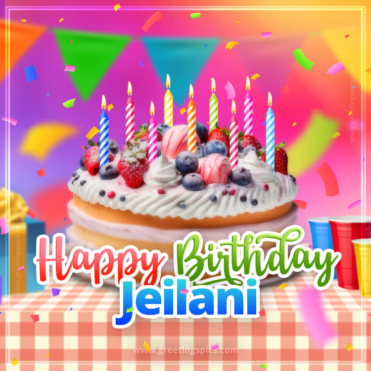 Happy Birthday Jeilani Colorful Image with fruit cake and candles (square shape image)