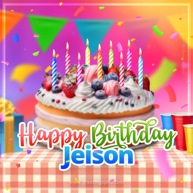 Happy Birthday Jeison Colorful Image with fruit cake and candles (square shape image)