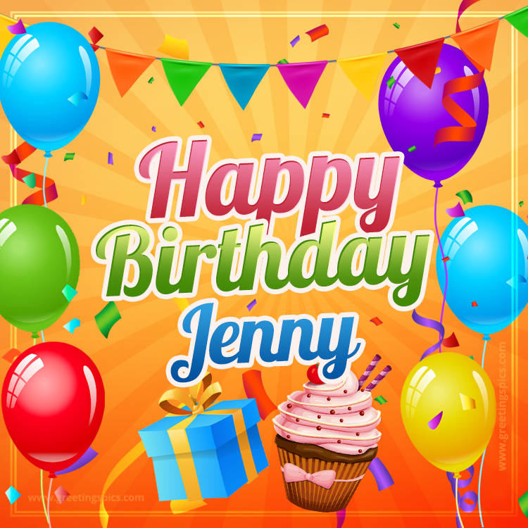 Happy Birthday Jenny eCard with gift box and cupcake (square shape image)