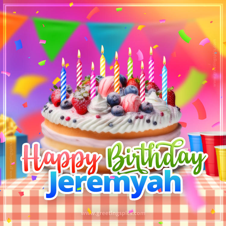 Happy Birthday Jeremyah Colorful Image with fruit cake and candles (square shape image)