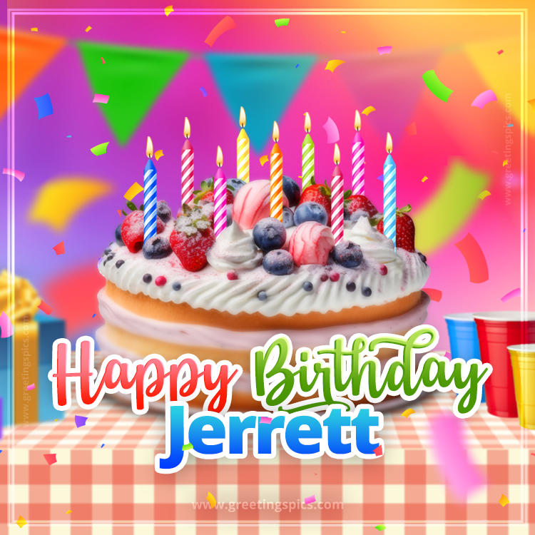 Happy Birthday Jerrett Colorful Image with fruit cake and candles (square shape image)