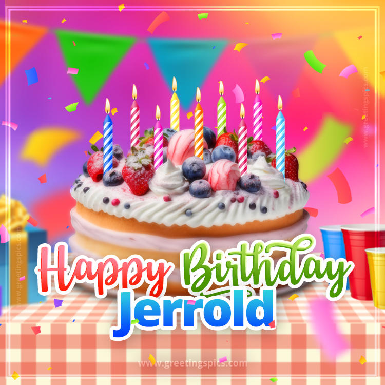 Happy Birthday Jerrold Colorful Image with fruit cake and candles (square shape image)