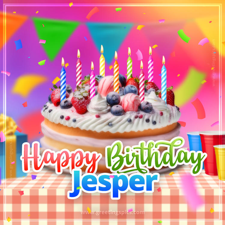 Happy Birthday Jesper Colorful Image with fruit cake and candles (square shape image)