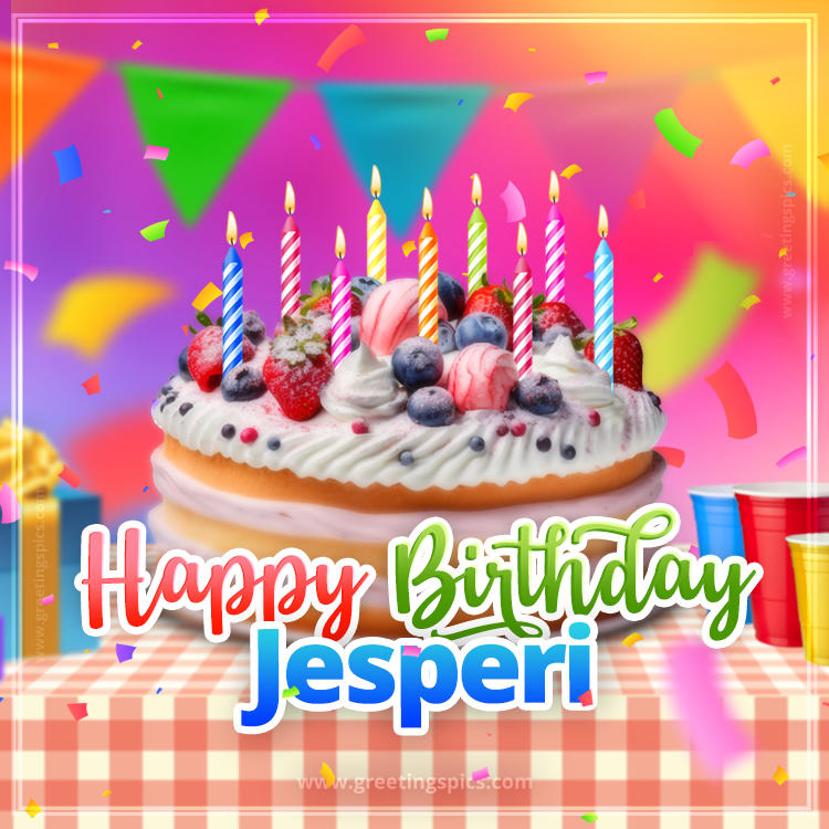 Happy Birthday Jesperi Colorful Image with fruit cake and candles (square shape image)