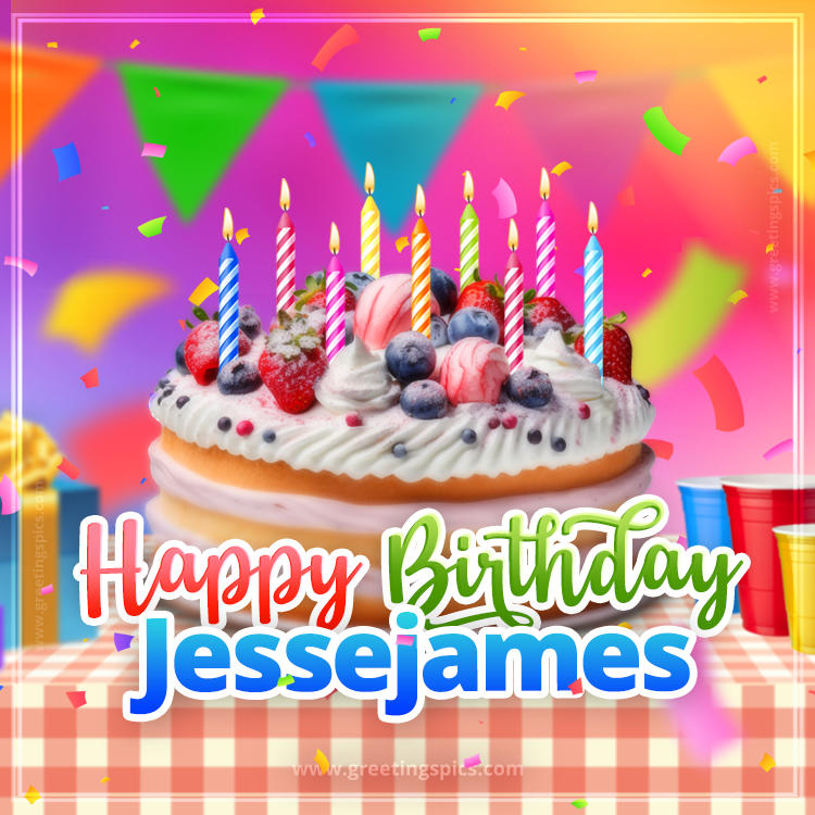 Happy Birthday Jessejames Colorful Image with fruit cake and candles (square shape image)