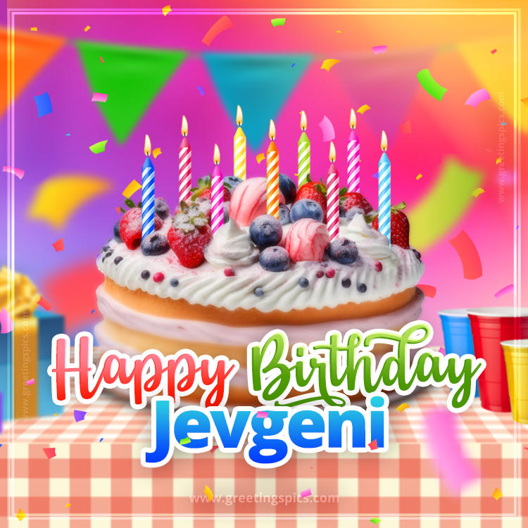 Happy Birthday Jevgeni Colorful Image with fruit cake and candles (square shape image)