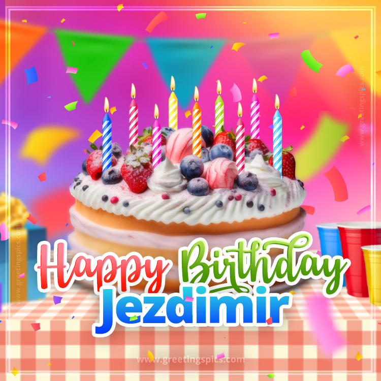 Happy Birthday Jezdimir Colorful Image with fruit cake and candles (square shape image)