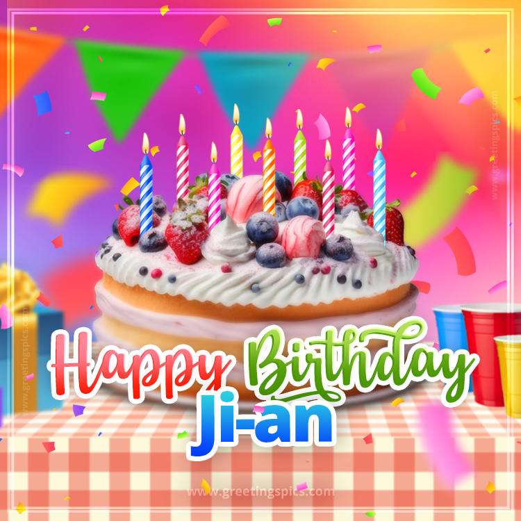 Happy Birthday Ji-an Colorful Image with fruit cake and candles (square shape image)