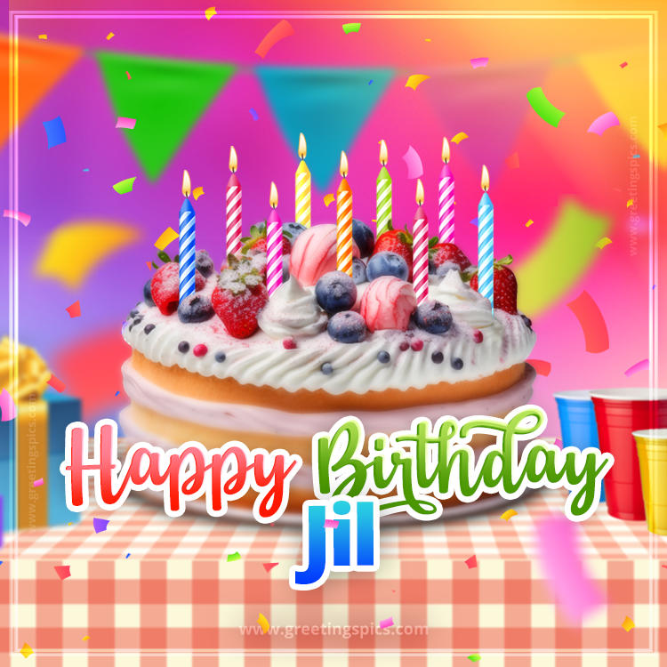 Happy Birthday Jil Colorful Image with fruit cake and candles (square shape image)