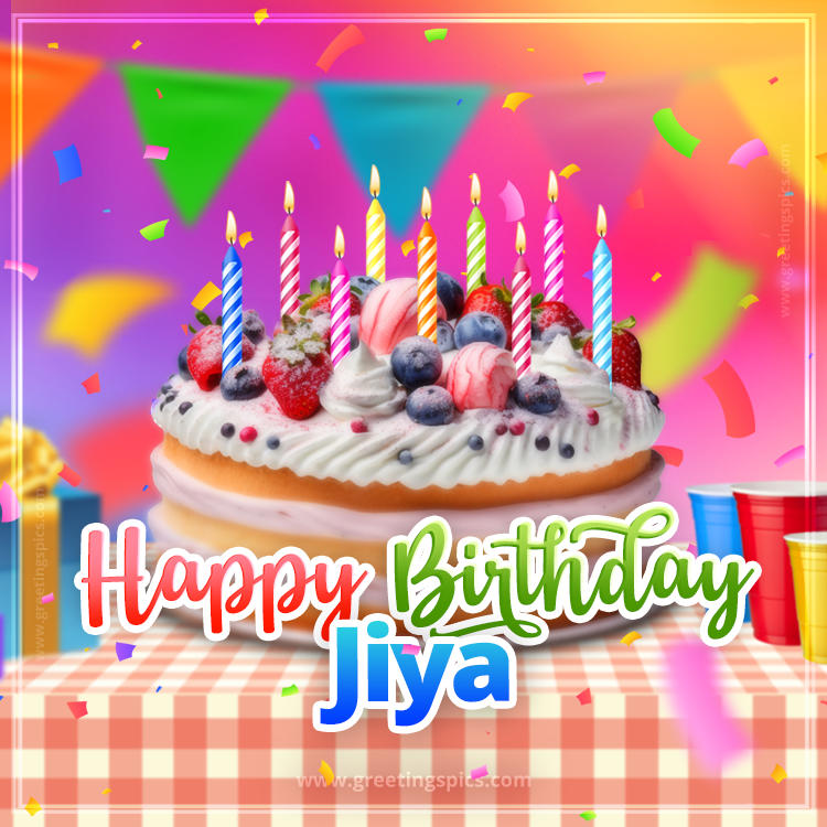 Happy Birthday Jiya Colorful Image with fruit cake and candles (square shape image)