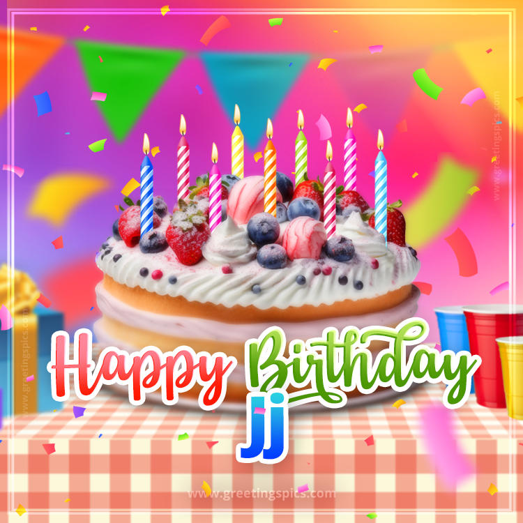 Happy Birthday Jj Colorful Image with fruit cake and candles (square shape image)