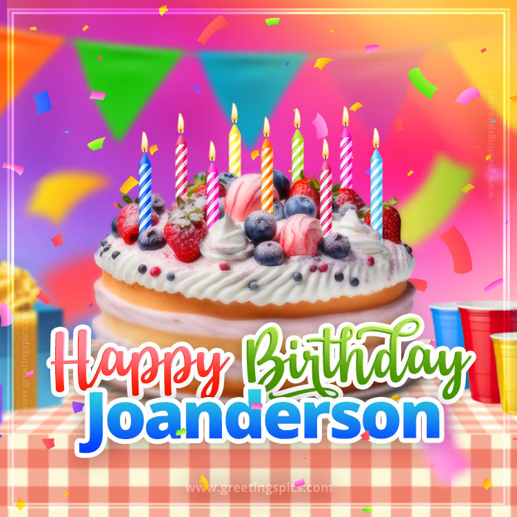 Happy Birthday Joanderson Colorful Image with fruit cake and candles (square shape image)