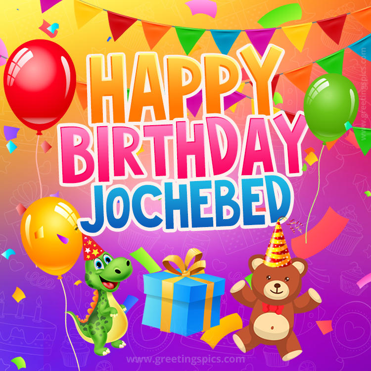 Happy Birthday Jochebed Image for a child with cute dinosaur and bear (square shape image)