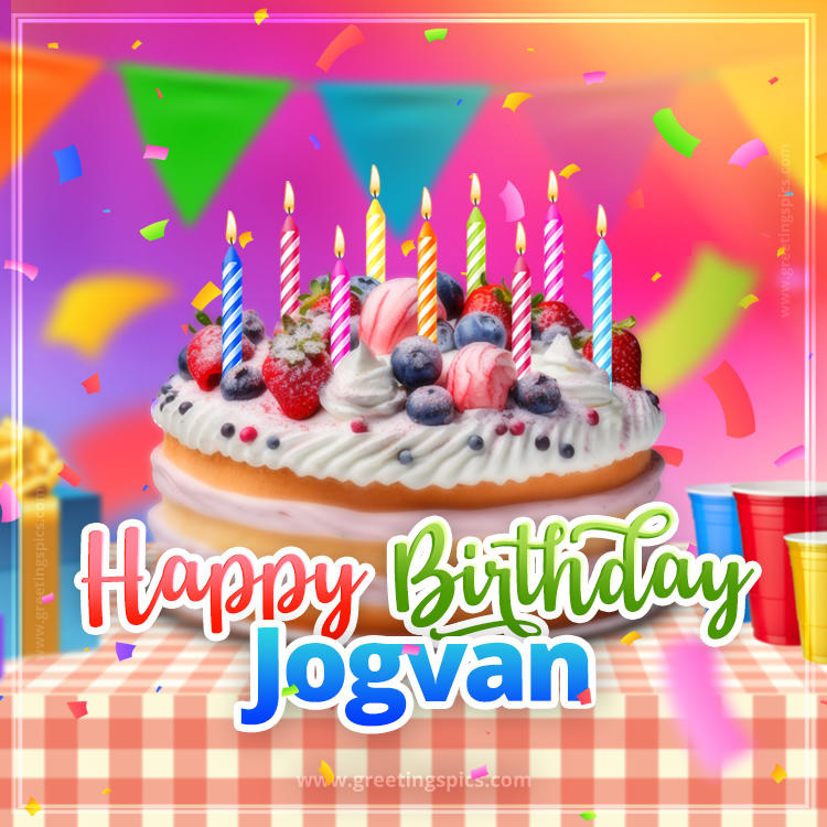 Happy Birthday Jogvan Colorful Image with fruit cake and candles (square shape image)