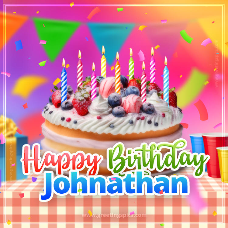 Happy Birthday Johnathan Colorful Image with fruit cake and candles (square shape image)