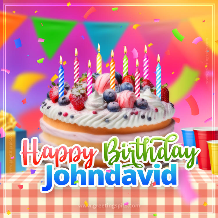 Happy Birthday Johndavid Colorful Image with fruit cake and candles (square shape image)