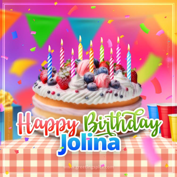 Happy Birthday Jolina Colorful Image with fruit cake and candles (square shape image)